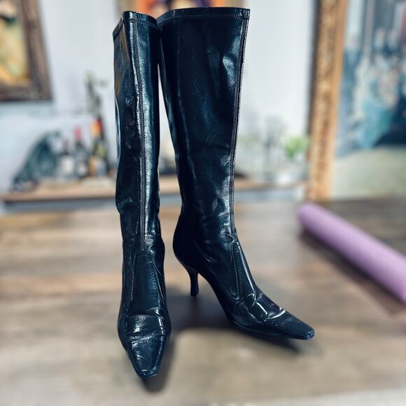 Franco Sarto Black Pull-On Knee High Boots Size 8 Pointed Toe Heel - Picture 1 of 7